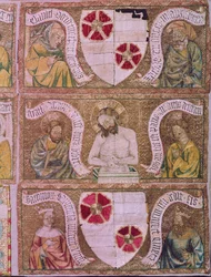 Christus als Schmerzensmann mit St. Matthäus und St. Johannes mit alttestamentlichen Propheten und Königen, Detail vom Treboner Altartuch, Böhmen, ca. 1370-1380